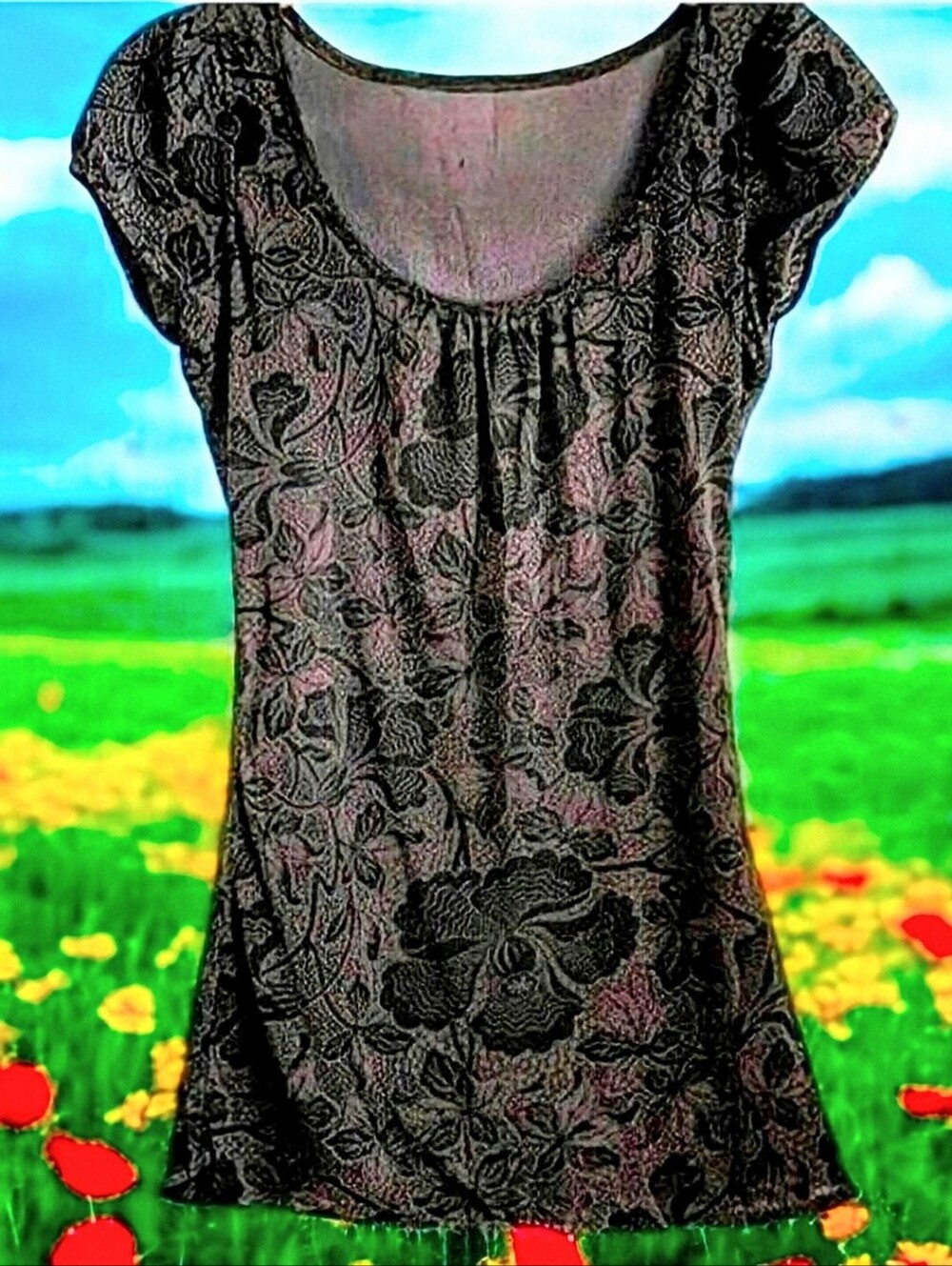 Vintage EXPRESS Mesh Short Cap Sleeve Floral Sheer Y2K Goth Grunge